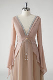 Blush Uma Linha V Pescoço Chiffon Mangas Longas Mãe do Vestido da Noiva com Missangas