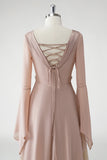 Blush Uma Linha V Pescoço Chiffon Mangas Longas Mãe do Vestido da Noiva com Missangas