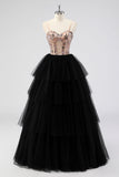 Preto Tule Tiered Esparguete Correias Appliques Uma Linha Long Prom Dress