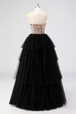 Preto Tule Tiered Esparguete Correias Appliques Uma Linha Long Prom Dress