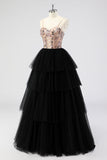 Preto Tule Tiered Esparguete Correias Appliques Uma Linha Long Prom Dress