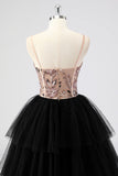 Preto Tule Tiered Esparguete Correias Appliques Uma Linha Long Prom Dress