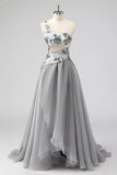 Cinzento A Line One Shoulder Hollow-out Long Prom Dress with Beading