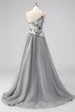 Cinzento A Line One Shoulder Hollow-out Long Prom Dress with Beading