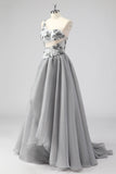 Cinzento A Line One Shoulder Hollow-out Long Prom Dress with Beading