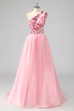 Rosa Um Ombro Oco Para Fora Uma Linha Appliques Long Prom Dress