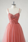 Blush A Line Spaghetti Straps Ruched Sequins Corset Vestido Formal