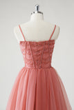 Blush A Line Spaghetti Straps Ruched Sequins Corset Vestido Formal