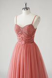 Blush A Line Spaghetti Straps Ruched Sequins Corset Vestido Formal