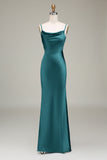 Oliva Espaghetti Correias Cetim Sheath Long Vestido Madrinha
