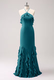 Halter Tahiti Sereia Chiffon Vestido Madrinha com Folhos