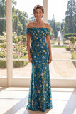 Vestido da Mãe da Noiva Bordado em Tule Verde Sereia Ombro Descoberto