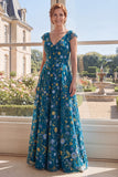 Vestido de Mãe da Noiva Verde em Tule Bordado em V, decote em V