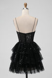 Sparkly Preto Espaghetti Correias Tiered Homecoming Dress com Sequins