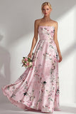 Vestido de dama de honor azul floral sem alças estampado