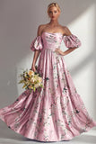Vestido longo de dama de honor floral sem alças A-Line com mangas bufantes