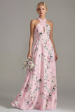 Vestido longo de dama de honor floral, decote A e decote halter cor-de-rosa