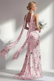Vestido comprido de dama de honor floral sem alças cor-de-rosa sereia com fenda