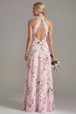 Vestido longo de dama de honor floral, decote A e decote halter cor-de-rosa