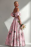 Vestido longo de dama de honor floral sem alças A-Line com mangas bufantes