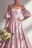 Vestido longo de dama de honor floral sem alças A-Line com mangas bufantes