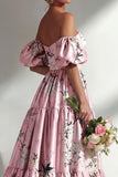 Vestido longo de dama de honor floral sem alças A-Line com mangas bufantes