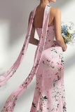Vestido comprido de dama de honor floral sem alças cor-de-rosa sereia com fenda