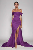 Vestido de Baile com Fenda Cabernet Fora do Ombro Cetim Longo