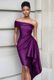 Vestido Midi Assimétrico Bordeaux com Ombro a Ombro e Justo ao Corpo