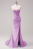 Corset Fuchsia Sereia Strapless Ruched Corset Long Prom Dress with Slit