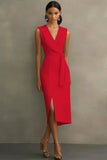 Vestido de Trabalho Midi Simples de Cetim Branca com Decote em V e Linha A Justo