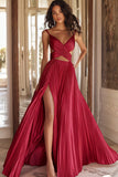 Vestido de Baile Longo com Alças Finas Rosa Linha-A e Fenda