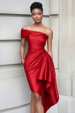 Vestido Midi Assimétrico Bordeaux com Ombro a Ombro e Justo ao Corpo