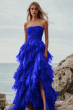 Vestido de Baile Assimétrico Linha-A com Folhos e Camadas Franzidas na cor Fúcsia