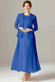 A-Line Azul Royal Chiffon 2-Piece Mãe do Vestido da Noiva