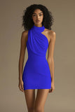 Azul Poeira Bodycon Cabeçada Sem Mangas Curto Vestidos Cocktail