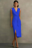 Vestido de Trabalho Midi Simples de Cetim Branca com Decote em V e Linha A Justo
