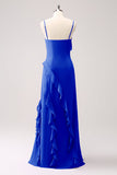 Tahiti Esparguete Alças Chiffon Vestido Longo Madrinha com Folhos