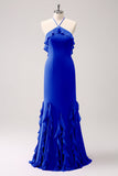 Halter Tahiti Sereia Chiffon Vestido Madrinha com Folhos