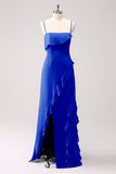 Tahiti Esparguete Alças Chiffon Vestido Longo Madrinha com Folhos