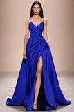 Vestido de Noite Comprido Azul Escuro de Alças Finas com Franzido e Corte em A com Fenda