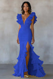 Sereia Amarela V-Neck Tiered Vestido Formal Longo com Folhos Fenda