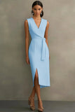 Vestido de Trabalho Midi Simples de Cetim Branca com Decote em V e Linha A Justo