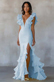 Sereia Amarela V-Neck Tiered Vestido Formal Longo com Folhos Fenda