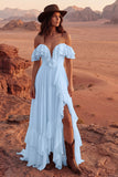 Vestido de Noiva Maxi Beach de Linha A em Marfim com Folhos