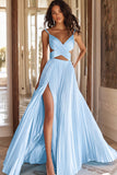 Vestido de Baile Longo com Alças Finas Rosa Linha-A e Fenda
