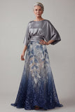 Mangas 3/4 de lantejoulas azul-marinho A Line Mother of the Bride Dress