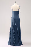 Tahiti Esparguete Alças Chiffon Vestido Longo Madrinha com Folhos