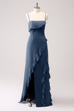 Tahiti Esparguete Alças Chiffon Vestido Longo Madrinha com Folhos