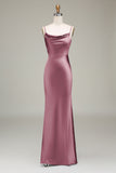 Dusty Blue Sheath Espaghetti Correias Cetim Long Vestido Madrinha